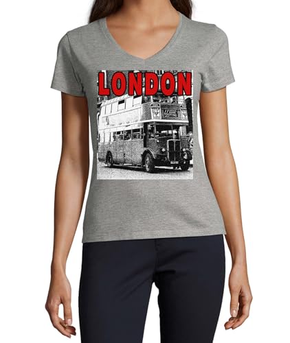 T-shirt col en V London Red Bus pour femme en coton gris
