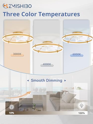 Image of ZMISHIBO 24 Inch Ceiling Fans with Lights and Remote, Modern Low Profile Ceiling Fan, 3000-6000K Dimmable Flush Mount LED Fan Light, 6 Wind Speeds, Fandelier Ceiling Fans for Bedroom- Gold