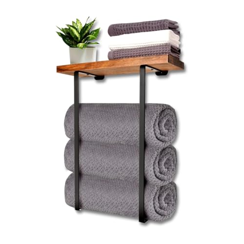 Vonia Handtuchhalter Schwarz mit Holzablage, Wand Handtuchstange Bad,...