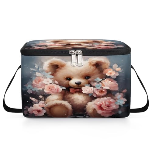 GzLeyigou Romantic Bear with Flowers Lunch Bags for Women Men 9 Cans, Hot & Cold Food Delivery Bag Insulated Grocery Bag Insulated Lunch Box Cooler Bag for Office Work Picnic Beach