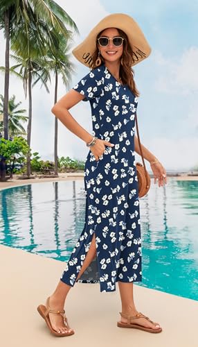 Image of MISFAY Womens Maxi Dress Short Sleeve V Neck Loose with Pockets | Soft stretchy breathable, v neck loose fit, side split hem, two side pockets, casual daily beach vacation travel dress