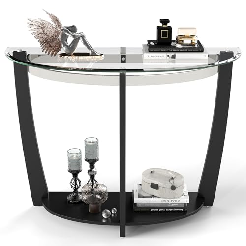 Giantex 2-Tier Glass Console Table Half Moon Modern Entryway Table with Tempered Glass Top & Open Storage Shelf Narrow Long Sofa Table for Living Room Hallway Foyer Entrance (Black)