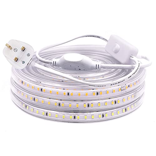 GQL 220V-240V LED Strip (Cut to 20cm) with Switch Power Supply, Waterproof 2835 SMD 120 LEDs/m Rope Light Professional Commercial Engineering Decoration- 2m White