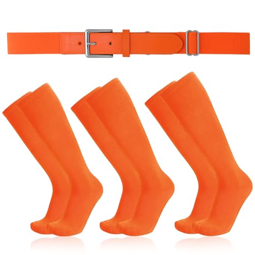 Baseball Socks and Belt Combo for Youth Adult - Softball Sock and Belt for Boys and Girls (Orange 3 Pairs of Socks & 1 Belt)