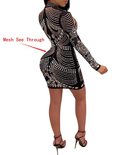 Image of PORRCEY Women's Sexy Elegant Rhinestone Mesh Party Club Night Mini Dress