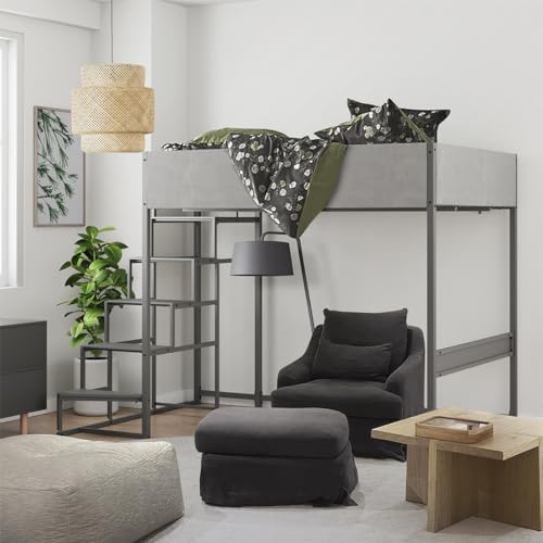 SENHO Hochbett mit Lattenrost und Treppe, wendbar, mit Stoff, Metall und Melamin – Liegefläche 140 x 190 cm – DOCKLAND (dunkelgrau)