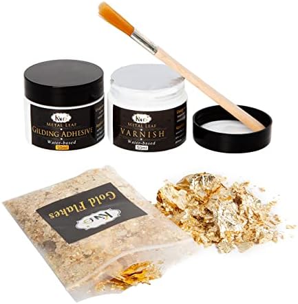 Gold Leaf Gilding Adhesive Set, 1g Gold Flakes & 50ml Water Based Metal Leaf Glue & 50ml Varnish for Craft,Resin Jewelry Making,Wood Use(two brushes and two pairs of disposable gloves as Gifts)