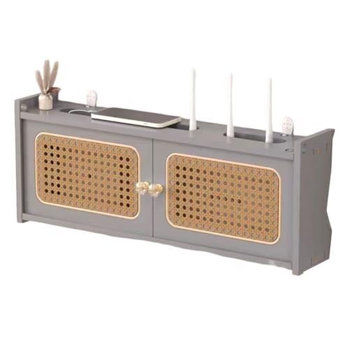 Wood & Rattan Router Storage Box, WiFi Router Cable Management Box for Hiding Cables, Sockets & Set Top Box, Decorative Wooden Cable Tidy Organiser Shelf for Home Living Room Office