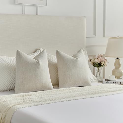 FUTEI Natural White Wood Chenille Decorative Throw Pillow Covers 20x20 Inch Set of 2,Soft Cozy Faux Linen Textured Cushion Case,Farmhouse Home Decor for Couch Living Room