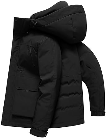 Mens Mid Length Hooded Down Jacket Removable Hood Thick Warm Winter Puffer Coat Trendy Outerwear