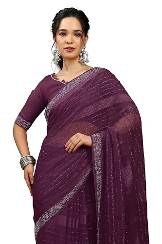 Image of MIRCHI FASHION Saree for Woman Georgette Solid with Satin Stripes | Stone Border Farewell and Ceremonial Sari with Blouse Piece