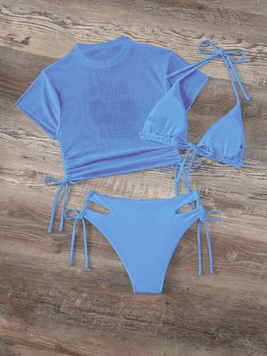 Image of Sexybody Women's 3 Piece Swimsuit Halter String Bikini Tie Side Mesh Short Sleeve Bathing Suits