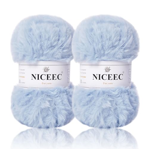 Image of NICEEC 2 Skeins Faux Fur Yarn Super Soft, Chunky & Fluffy, Eyelash Yarn for Crochet & Knitting (Total Length 70yds,3.53oz) - Mist Blue