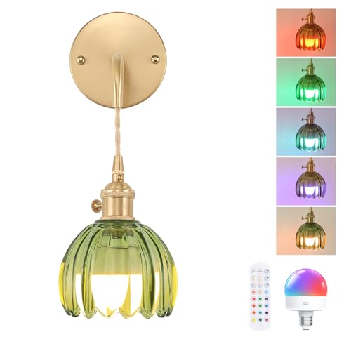 Image of Shenmoyl Battery Operated Wall Sconce with Green Tulip Shade Pattern Glass Adjustable Chain Retro Gold Wall Mounted Light, Modern Wall Lamp Fixtures Decor for Bedside Bedroom Indoor Doorway