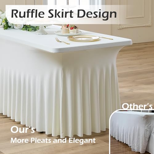 Image of 6 pk Ivory Spandex Tablecloth for 8 Foot Rectangle Tables,Wrinkle Free High Stretchy Cream Fitted Tablecloths with Ruffle Skirt, Elastic Spandex Table Covers 8 ft for Parties Weddings Banquet