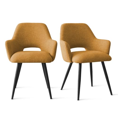 Image of Finch Fox Motel Luxurious Home Collection Upholstery Fabric Arm Dining Room Chairs in Mustard Color with Black Metal Powder Coated Legs (Set of 2)