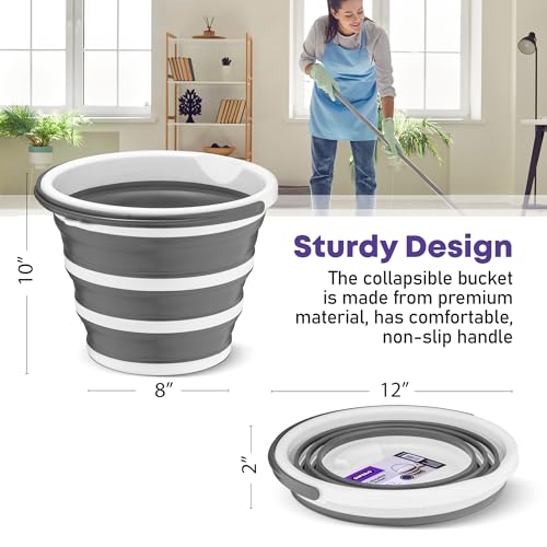 Image of Superio Collapsible Bucket 2 Gallon Bucket with Handle Grey Car Wash Bucket Small Foldable Silicone Pail for Camping, Fishing, Cleaning, Mopping, 10 Liter, 4