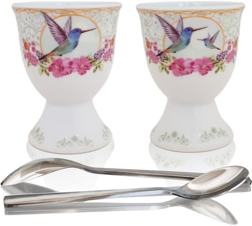 NobleEgg Egg Cups for Soft Boiled Eggs - Vintage Style Porcelain Egg Cups Holders, Authentic Egg Spoons 18/10 Stainless Steel