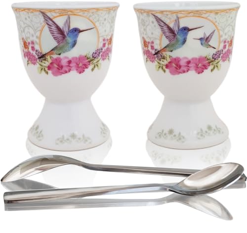NobleEgg Eierbecher für weich gekochte Eier | 2 Eierhalter aus Porzellan, 2 Eierlöffel aus Edelstahl