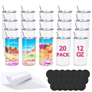 Amgkonp 12OZ Sublimation Blank Tumblers for Kids,20 Pack Stainless Steel Straight Skinny Tumbler,Double Wall Vacuum Insulated with Lids and Metal Straws,DIY Gift for kids