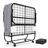Karcog Rollaway Bed with Mattress for Adults, Folding Bed with Memory Foam Mattress and Sturdy Metal Frame, Cot Size Portable Guest Bed on Wheels with Storage Cover, 75” x 31”