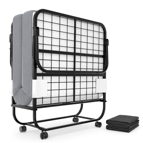 Karcog Rollaway Bed with Mattress for Adults, Folding Bed with Memory Foam Mattress and Sturdy Metal Frame, Cot Size Portable Guest Bed on Wheels with Storage Cover, 75” x 31”