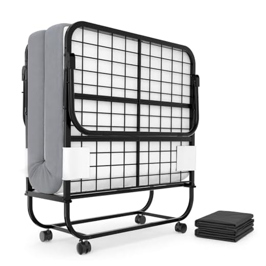 Karcog Folding Bed with Mattress, Rollaway Bed Storage Cover Included, Portable Foldable Guest Bed for Adults, Cot Size Fold up Bed with Memory Foam Mattress and Metal Frame on Wheels - 75” x 31"