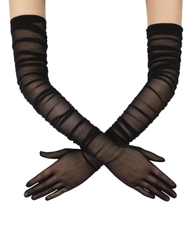 Image of QRBTSCL Women's Stretchy Super Long Tulle Gloves Ruched Mesh Sheer Gloves for Evening Hallowmas Opera Party