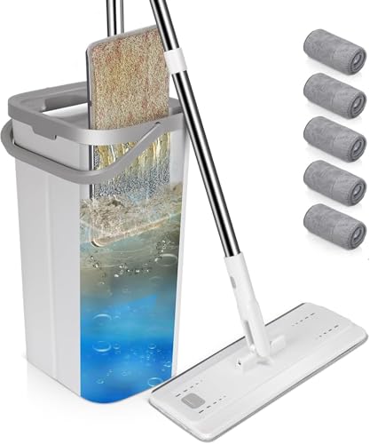 ZNM Kit Balai Serpillère et Seau Essoreur, Balai Serpillere Microfibre Plat avec 5 Serpillières Réutilisables &amp; Lavables, 140 CM Poignée Réglable pour Nettoyage de Sol