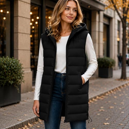 Hooded Puffer Vest for Women Long Quilted Full Zip Jacket with Pockets - image 6