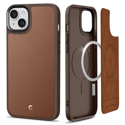 CYRILL by Spigen Kajuk Mag Coque Compatible iPhone 14 Plus 6.7 Pouces (2022) Cuir Antichoc TPU Grip Protection Bumper - Brun Selle