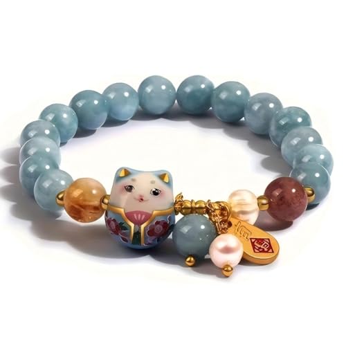 RealThing Authentic Lucky Cat Bracelet with Blue Crystal – Feng Shui Good Luck Jewelry for Women, Ceramic Cat Pendant for Wealth, Protection & Positive Energy, Meaningful Gift Bracelet