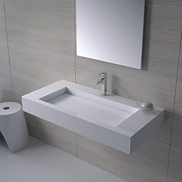 ADM Large Rectangular Wall Mounted Stone Resin Sink, Glossy White, 39"