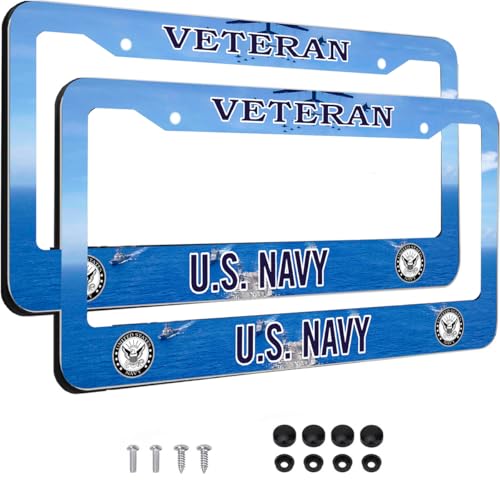Image of 2PCS License Plate Frames for Veteran U.S.Navy,Car License Plate Bracket Holder, Premium Aluminum Alloy Weather Proof License Plate Covers with Screw Caps Cover Set Car Accessories