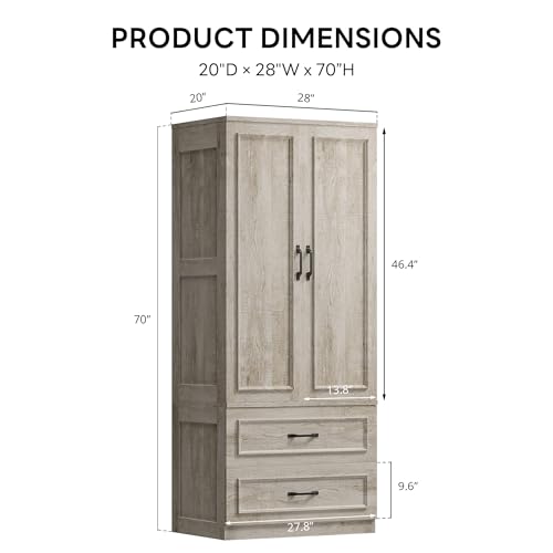 LIKIMIO Armoire Wardrobe Closet with 2 Doors and 2 Drawers 70" H x 28" W Wooden Bedroom Freestanding Wardrobe Combination for Hanging Clothes, Rustic Maple - Image 4