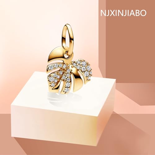 Image of Golden Leaf Charms 925 Sterling Silver for Bracelets and Necklaces Pendant Dangle Beads Mother's Day Birthday Christmas Jewelry Gift for Women