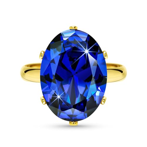 Linawe Sapphire Rings for Women Gold, Blue Stone Crystal Cubic Zirconia Imitation Diamond Love Mood Chunky Boho Costume Jewellery Dupes, Cocktail Oval Birthstone Rhinestone