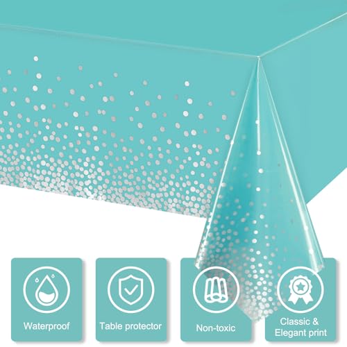 Image of Breling 6 Pcs Teal Blue and Silver Dot Tablecloth Plastic Confetti Rectangle Disposable Table Cover for Birthday Wedding Baby Shower Engagement Anniversary Bachelorette Party, 54 x 108 Inch