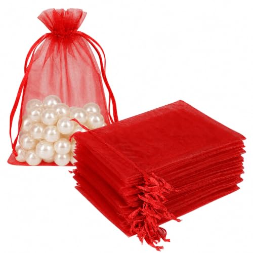 Image of HRX Package 100pcs Organza Bags,4 x 6 inches Christmas Wedding Favors Christmas Gift Drawstring Bags Jewelry Pouches (Red)