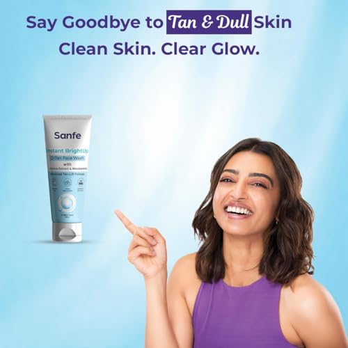 Image of Sanfe Instant BrightUp D-Tan Face Wash | Tan Removal Face Wash with Licorice Extract & Niacinamide | Brightening & Deep Cleansing Cleanser | Removes Dirt, Oil & Pollution | Hydrating | All Skin Types | 100g | Pack of 3