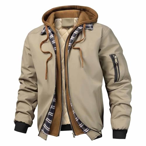 Chaqueta de invierno para hombre, casual, con cremallera, empalme, a cuadros, con capucha, para primavera, otoño, ligera, acolchada, cortavientos, caqui, L