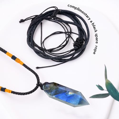 Image of Runyangshi Labradorite Healing Crystal Pendants, Double Pointed Natural Crystal Quartz Necklace 6 Faceted Chakra Crystal Wand Stone