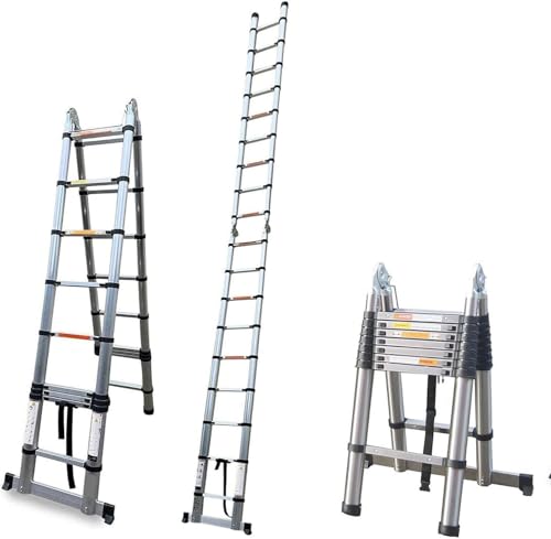 5M Teleskopleiter Ausziehleiter Klapp Ausziehbar Stehleiter Mehrzweck Edelstah, 16,5ft Einziehbare Faltbare Edelstahl Leiter EN131 Safe Standard 330 LB Tragfähigkeit (2,5m + 2,5m)
