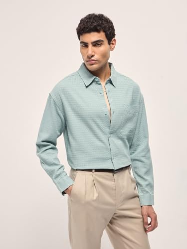Image of THE BEAR HOUSE Men Pure Cotton Textured Relaxed Fit Overshirt