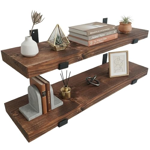 Image of Top Notch Home & Living Pack of Two Handcrafted Rustic Wooden Wall Shelves, Incl 2 Up Brackets per Shelf, Wood Shelf Made in the UK from Solid Timber, Heavy Duty for Kitchen, Bathroom & Living Room