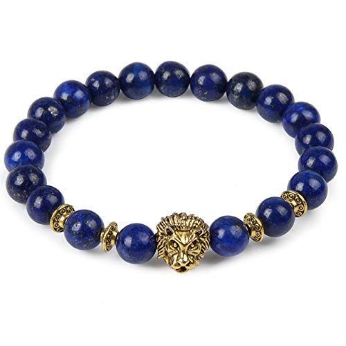Pulsera elástica de piedras naturales con cabeza de león para hombre y mujer Lapislazzuli Oro