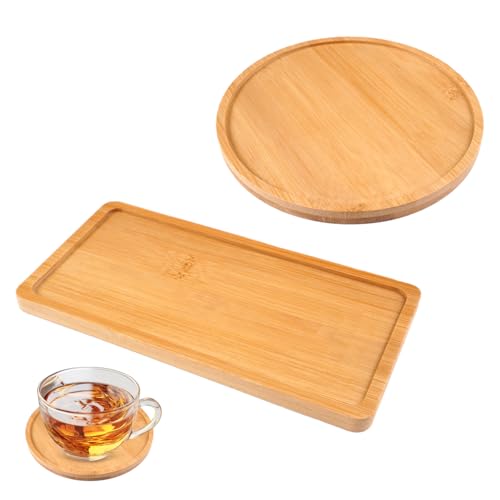 2 Piezas Bandeja Bambu, Pequeña Bandeja de Madera Redonda, Bandeja de Baño de Bambú para Posavasos, Pastel, té, Café, Macetas Suculentas