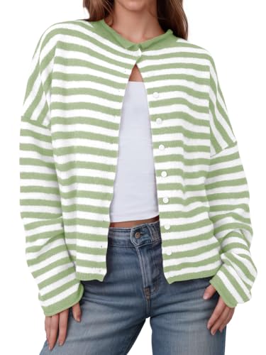 Image of Saodimallsu Womens Striped Cardigan Casual Long Sleeve Open Front Button Down Loose Knit Lightweight Fall Sweaters