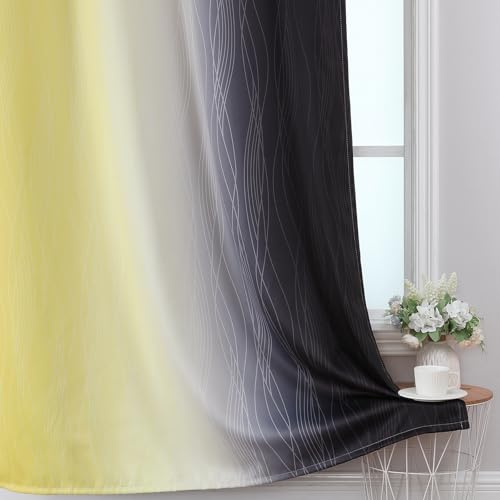 Estelar Textiler Black and Yellow Ombre Blackout Curtains for Bedroom, Thermal Insulated Blackout Drapes, Full Light Blocking Energy Saving Long Curtains for Living Room, 52Wx96L, 2 Panels