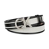 Calvin Klein Women's CK Puff Plaque Logo Woven Textured Casual Belt, Black, Medium